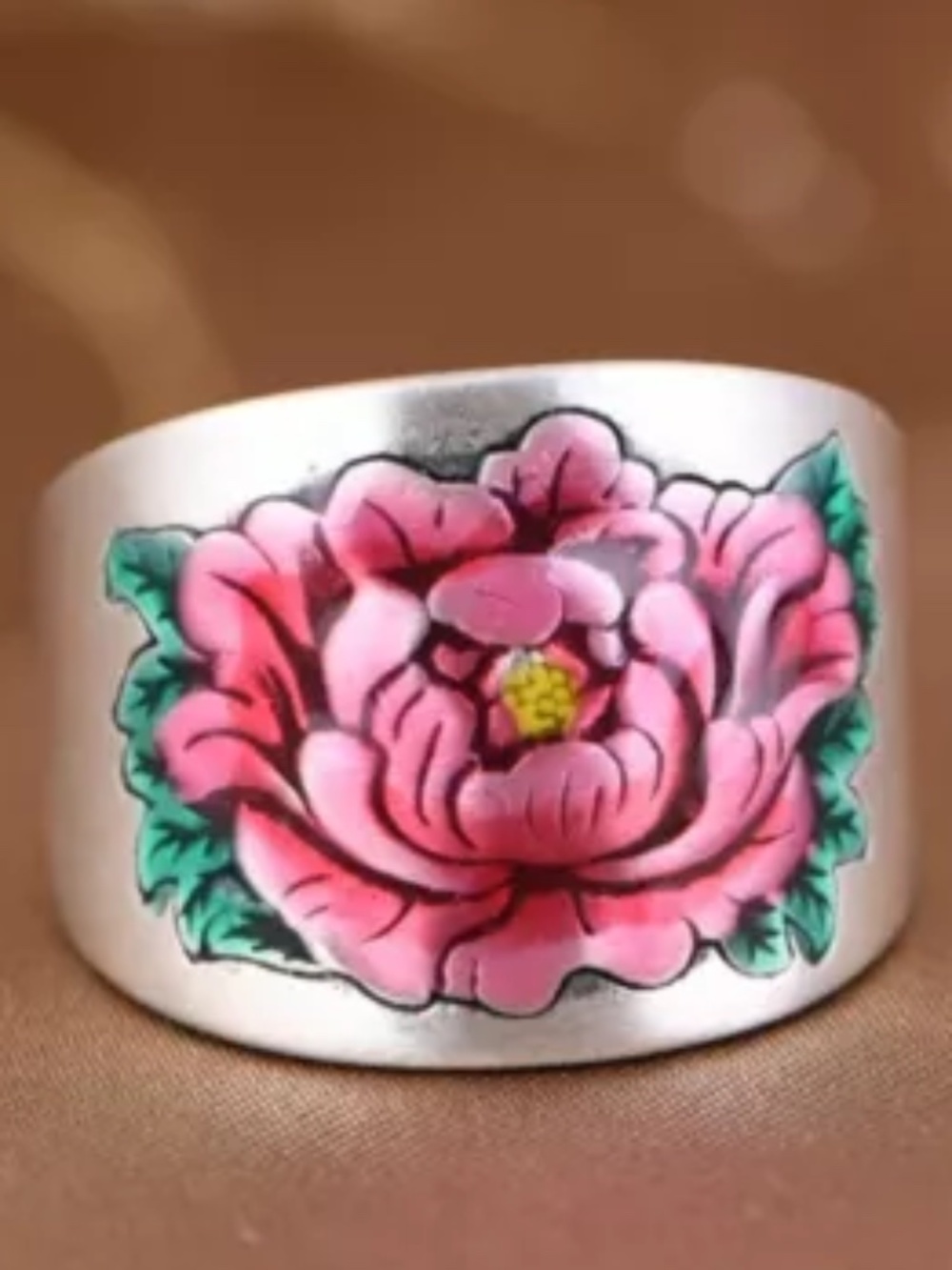 Pure S990 Fine Silver Band Men Women Gift Lucky Enamel Peony Flower Ring